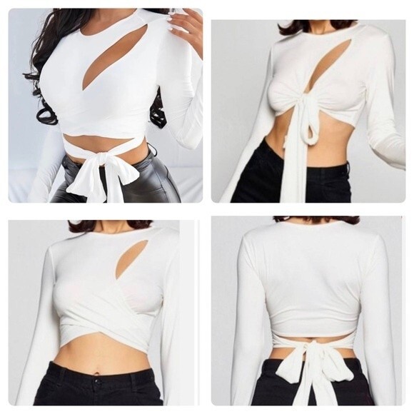 Fashion Nova long sleeve white tie waist cutout wrap crop top size large - Picture 1 of 8